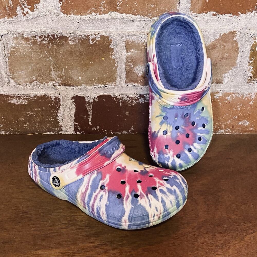 Red Blue Yellow Tie Dye Crocs Fuzzy Insole Unisex Men 4 Women 6